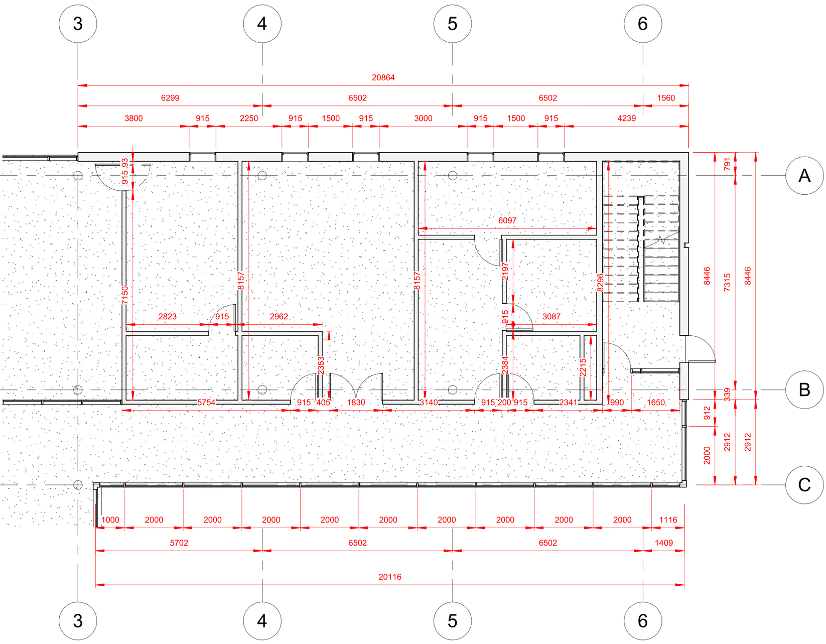 Finished dimensioned floor plan with grid references
