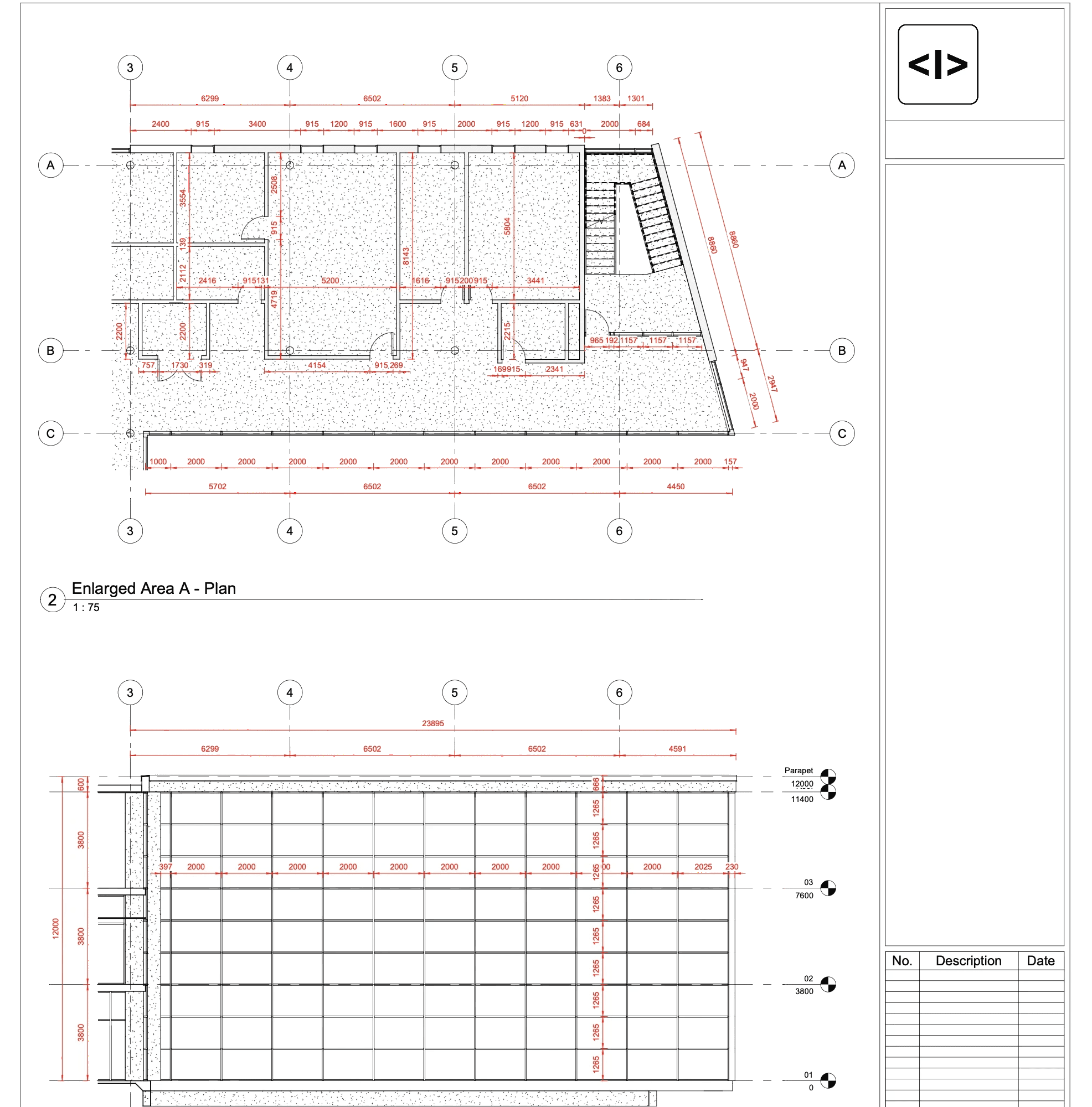 Enlarged area plan and section placed on a titled sheet